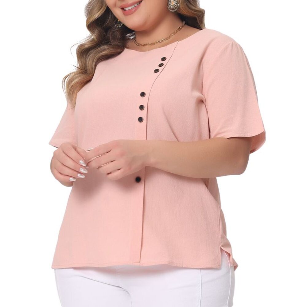 Plus Size Pink Short Sleeve Button Accent Top